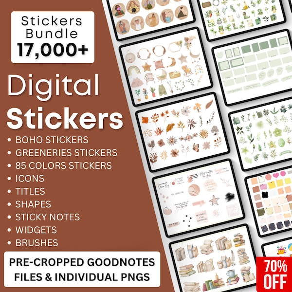 Más de 17000 libros de pegatinas digitales diarios para Goodnotes, archivos PNG de pegatinas digitales, notas adhesivas, pegatinas de iconos digitales, pegatinas de planificador digital