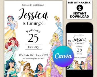 Princess Birthday Invitation: Royal Party, Editable Canva Template (Digital Download)