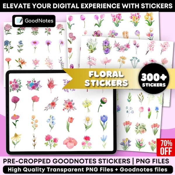 300+ Floral Digital Sticker Book for Goodnotes, PNG digital Stickers, Boho Flower Stickers, Digital Icon Stickers, Digital Planner Stickers