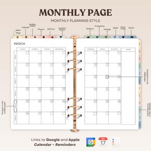May include: A monthly planner page with a calendar for March. The calendar is divided into weeks and days. The page also includes sections for notes, goals, and reminders. The planner is designed to help users stay organized and on track.