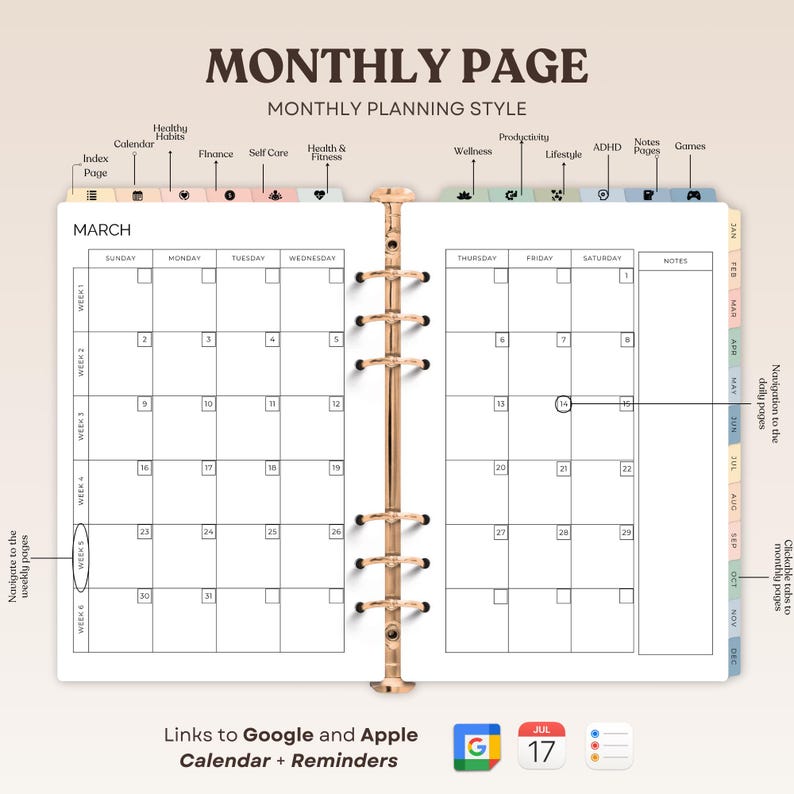 May include: A monthly planner page with a calendar for March. The calendar is divided into weeks and days. The page also includes sections for notes, goals, and reminders. The planner is designed to help users stay organized and on track.