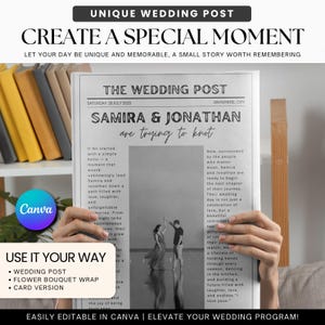 Plantilla de programa de boda en formato periódico, programa de boda editable, infografía de boda imprimible, programa del día de la boda, tamaño carta A4