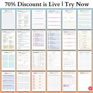 May include: A collection of printable digital planner pages with titles such as "Shop Policies", "Shopify Store Launch Checklist", and "Product Inventory". The pages have a clean, minimalist design with pastel color accents and are designed for e-commerce business planning.
