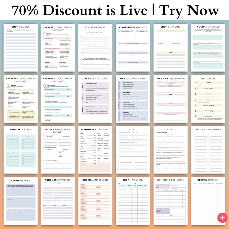 May include: A collection of printable digital planner pages with titles such as "Shop Policies", "Shopify Store Launch Checklist", and "Product Inventory". The pages have a clean, minimalist design with pastel color accents and are designed for e-commerce business planning.