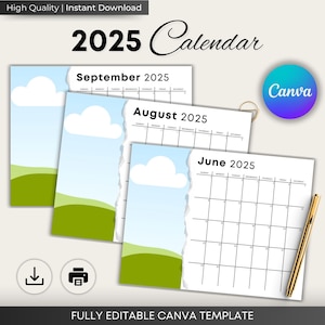 2025 Calendar Template, Photo Calendar, 2025 Wall Calendar, Blank Calendar, Calendar, Canva Editable Calendar, Calendar Template