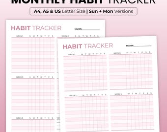 Tracker delle abitudini mensili stampabile: formati A4, A5, Letter (PDF)