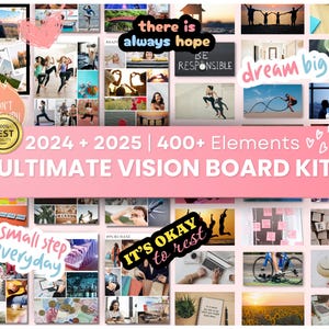 Imagens do quadro de visão 2025 Manifest Happiness PDF para impressão Mood Board para mulheres Afirmações positivas inspiradoras Abundância Lei da atração