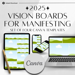May include: Set of four Canva templates for vision boards, featuring a green and blue landscape design. The templates are shown on a laptop, tablet, and phone.