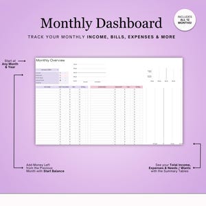 May include: A printable monthly budget tracker with a pink and purple background. The tracker includes sections for income, expenses, and a summary table. The text "Monthly Dashboard" is at the top of the page.