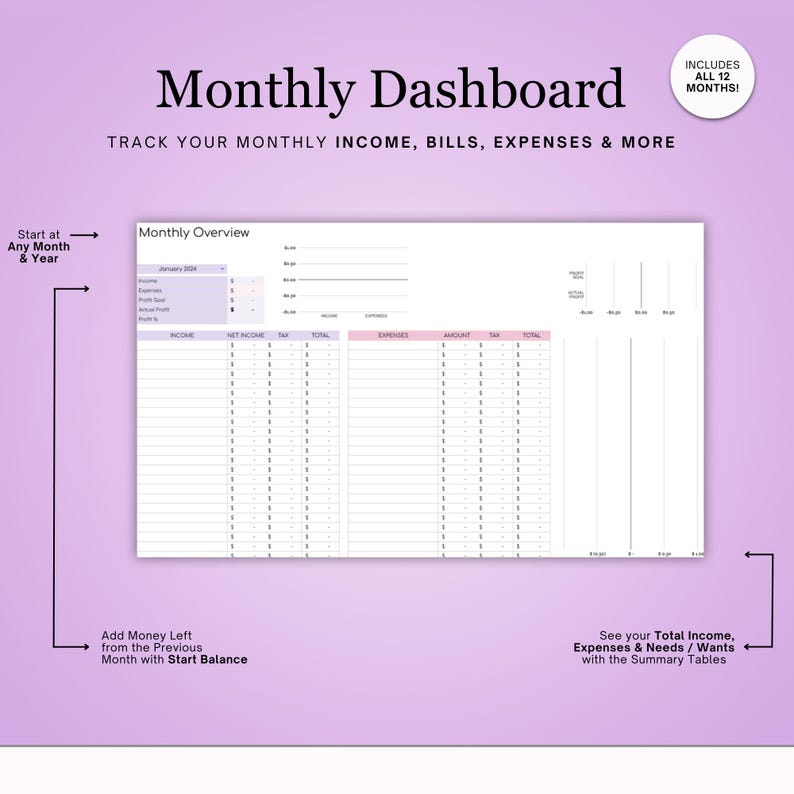 May include: A printable monthly budget tracker with a pink and purple background. The tracker includes sections for income, expenses, and a summary table. The text "Monthly Dashboard" is at the top of the page.