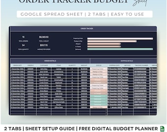 May include: Digital order tracker budget sheet with a Google spreadsheet design. The sheet includes order details, shipping details, and a summary of total orders, amount, and quantity. Features 2 tabs and is easy to use.