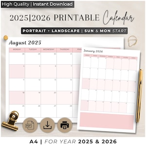 2025 Calendar 2025 Monthly Planner Landscape Elegant Monthly Calendar Sunday & Monday Start 2025 A4 Letter Size Wall Calendar PRINTABLE PDF