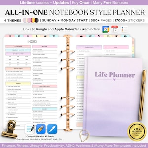 Può includere: Un'agenda in stile taccuino aperta con una penna dorata e anelli di rilegatura. L'agenda ha una copertina lilla chiaro con la scritta "Life Planner". L'agenda include sezioni per calendario, finanza, salute e produttività. L'immagine include anche del testo.