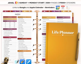 May include: A gold and yellow planner with the text "Life Planner" on the cover. The planner is closed and has a gold ring binding. The planner is sitting on a table with a pen next to it.