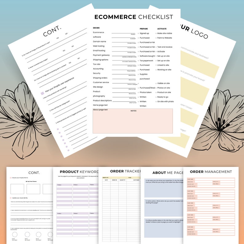 May include: An assortment of white paper checklists and worksheets for e-commerce, with titles like "E-commerce Checklist," "Product Keyword," and "Order Tracker." The pages have a floral design in the corners and are arranged on a white background.