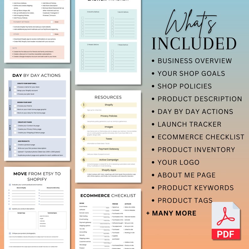 May include: A digital PDF guide with checklists and resources for launching an e-commerce shop. The image includes sections for day-by-day actions, resources, and an e-commerce checklist. The guide covers topics like shop policies, product descriptions, and product inventory.