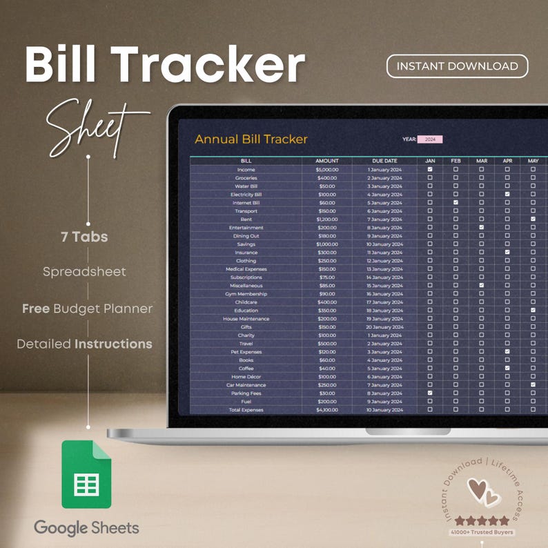 Smart Bill Tracker Spreadsheet: Google Sheets Template (digital ...
