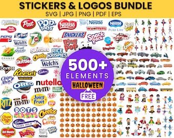 500 Logos bundle for party favor templates , Halloween svg bundle , chip bags template logos, chocolate bar logos, cookie logos , candy logo