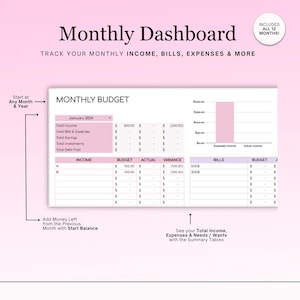 May include: A pink and white printable monthly budget tracker with a bar graph showing expected and actual income. The tracker includes sections for income, bills, and a summary table. The text "Monthly Budget" and "January 2024" are visible.