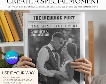 Wedding Newspaper Template with Photo: Editable Canva Program (Digital Download)