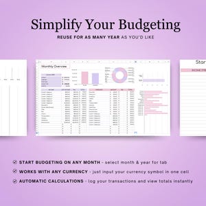 May include: A printable budgeting spreadsheet with a monthly overview, income and expense categories, and a chart showing income and expenses. The spreadsheet is designed to help users track their finances and create a budget.