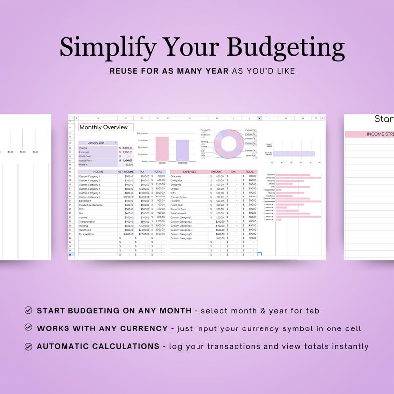 May include: A printable budgeting spreadsheet with a monthly overview, income and expense categories, and a chart showing income and expenses. The spreadsheet is designed to help users track their finances and create a budget.