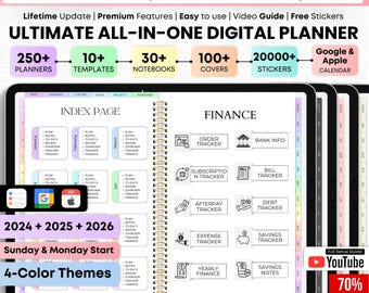 Alles-in-één digitale planner 2025 2026 2027, digitale hyperlinkplanner, dagelijks wekelijks maandverslag, Goodnotes-planner, Apple Google-agenda