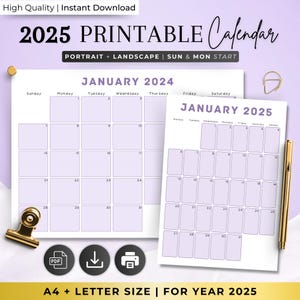 Calendario 2025 Planificador mensual 2025 en formato horizontal Calendario mensual elegante Inicio domingo y lunes Calendario de pared tamaño carta 2025 A4 PDF IMPRIMIBLE