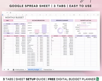 May include: A pink and white Google spreadsheet template for budgeting. The spreadsheet has three tabs: Monthly Budget, Income Breakdown, and Budget & Actual. The spreadsheet includes sections for income, expenses, savings, and debt. The spreadsheet is designed to help users track their finances and create a budget.