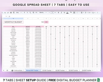 Smart Bill Tracker Spreadsheet: Google Sheets Planner (Digital Download)