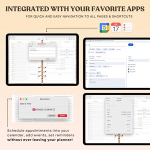 May include: A digital planner app with a calendar, reminders, and the ability to integrate with other apps like Google Calendar. The app is shown on a computer screen with a white background and a simple interface. The text "INTEGRATED WITH YOUR FAVORITE APPS" is at the top of the screen.