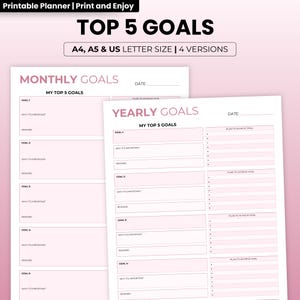 Los 5 objetivos principales: objetivos anuales, objetivos trimestrales, objetivos mensuales, objetivos semanales, tamaño A4/A5/carta de EE. UU., formato PDF imprimible, descarga instantánea