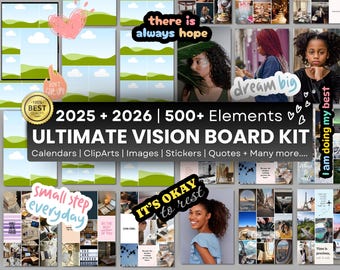 Printable Vision Board Kit: 2025-2026 Planner, Stickers, Quotes (PDF)