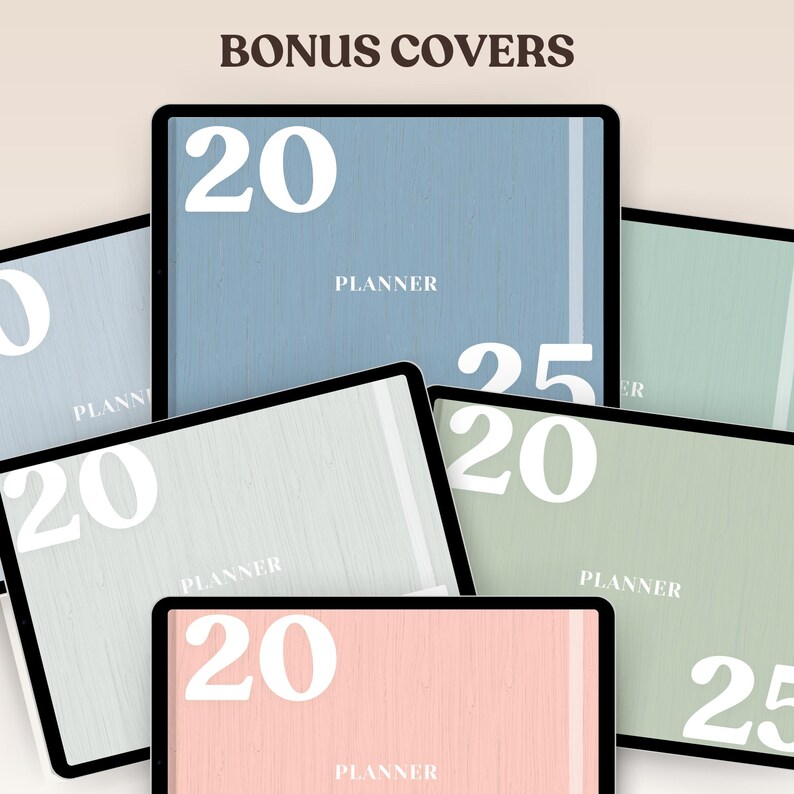 May include: Five digital planner covers with different color backgrounds. The covers feature the year "2020" and the word "PLANNER" in white text. The covers are blue, green, gray, pink, and light green.