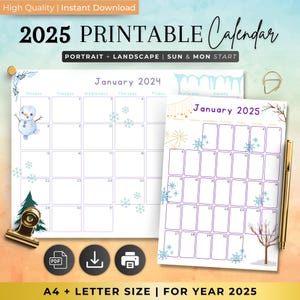 Op de afbeelding: Printbare 2025-kalender in portret- en landschapsformaat met een winterthema. De kalender bevat een sneeuwpop, sneeuwvlokken, een dennenboom en een kale boom. De kalender is verkrijgbaar in A4- en letterformaat.