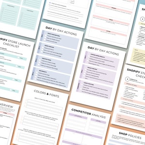 May include: A collection of white paper checklists and worksheets with pastel blue and purple accents. The documents include titles such as "Shopify Store Launch Checklist", "Day by Day Actions", and "Colors & Fonts". The overall theme is e-commerce business planning.