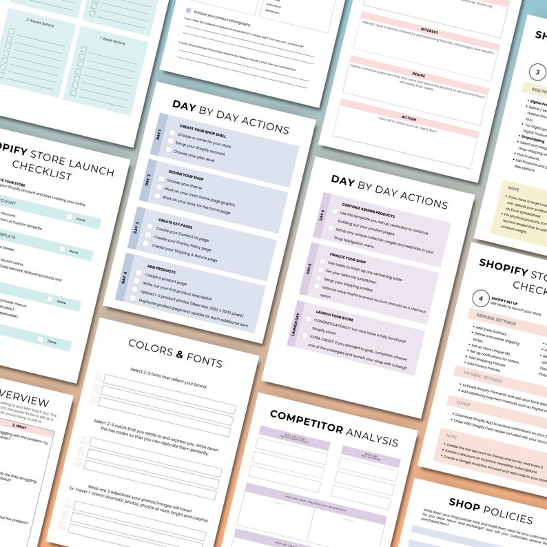 May include: A collection of white paper checklists and worksheets with pastel blue and purple accents. The documents include titles such as "Shopify Store Launch Checklist", "Day by Day Actions", and "Colors & Fonts". The overall theme is e-commerce business planning.