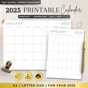 2025 Calendar 2025 Monthly Planner Landscape Elegant Monthly Calendar Sunday & Monday Start 2025 A4 Letter Size Wall Calendar PRINTABLE PDF
