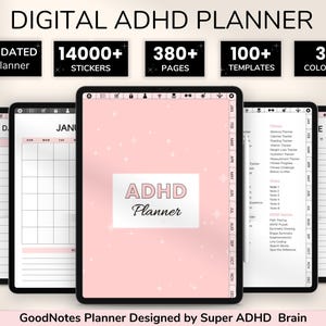 May include: Digital planner for the GoodNotes app designed for people with ADHD. The planner features a pink background with white stars, a calendar, and a variety of templates. It includes 14,000 stickers, 380 pages, 100 templates, and 3 colour options.