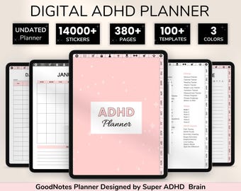 May include: Digital planner for GoodNotes app designed for people with ADHD. The planner features a pink background with white stars, a calendar, and a variety of templates. It includes 14,000 stickers, 380 pages, 100 templates, and 3 color options.