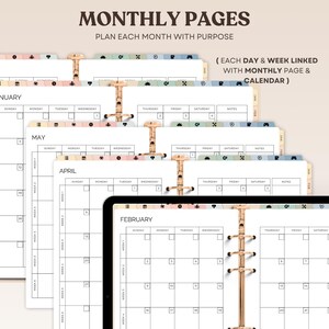 May include: A set of monthly planner pages with a simple grid layout and a decorative border. Each page features a different month of the year, with the month name printed at the top. The pages are designed to be used with a disc-bound planner.
