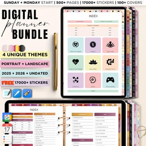 Puede incluir: Un paquete de planificadores digitales con 4 temas únicos, diseños de retrato y paisaje, y 17.000 pegatinas. El planificador incluye secciones para el calendario, planificadores mensuales, año de un vistazo, hábitos saludables, finanzas, autocuidado, salud y estado físico, bienestar, productividad, estilo de vida, TDAH y juegos de TDAH. El paquete incluye más de 500 páginas, más de 17.000 pegatinas y más de 100 cubiertas.