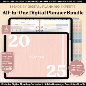 May include: A pink and white digital planner with the text "2025 2026" and "PLANNER" on a tablet screen. The text "All-In-One Digital Planner Bundle" is at the top of the image. The image also includes the text "Free 15000+ Stickers & 100+ Covers".