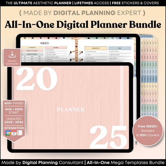 Aesthetic All-In-One Digital Planner Bundle, Undated Daily Weekly Monthly Planner, GoodNotes Notability iPad Planner, Habit Tracker Template