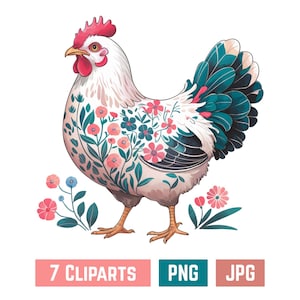 Watercolor Floral Chicken Clipart, Watercolor Clipart, rooster clipart, watercolor png, Chicken png, Digital Download, Printable Clipart