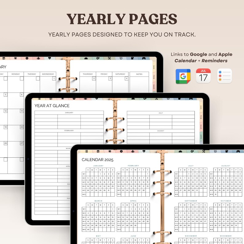 May include: Three digital planner pages with a year at a glance, a calendar for 2025, and a weekly planner. The pages are designed to keep you on track. Links to Google and Apple Calendar and Reminders are included.