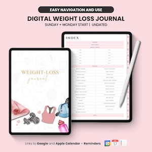 Digital viktminskningsdagbok | Digital träningsplanerare | iPad Goodnotes-planerare | Odaterad träningsdagbok | Träningsplanerare | Måltidsplanerare