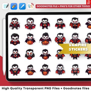 May include: A set of 20 digital stickers featuring cute cartoon vampire illustrations. The stickers are perfect for adding a spooky touch to your digital planner, notes, or other digital projects. The stickers are available in PNG format and are compatible with Goodnotes and other note-taking apps.