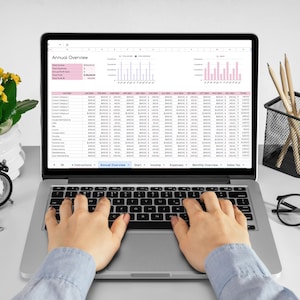 May include: A laptop computer with a spreadsheet open on the screen. The spreadsheet shows an annual overview of income and expenses. The laptop is on a white desk with a person's hands typing on the keyboard.
