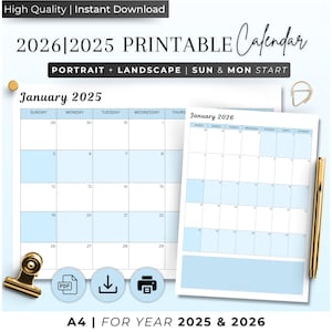 2025 Calendar 2025 Monthly Planner Landscape Elegant Monthly Calendar Sunday & Monday Start 2025 A4 Letter Size Wall Calendar PRINTABLE PDF